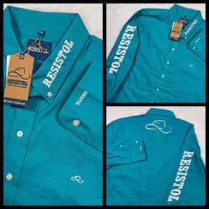 Resistol Western Shirt Mens 2XL Teal Ripstop ARM SPELLOUT Cowboy Hat Rodeo NICE